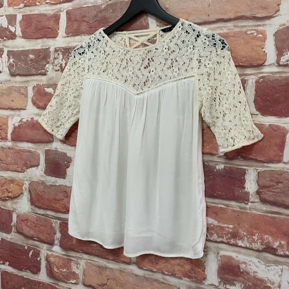 Zara Basic Top Women's XS Cream Floral Embroidered Lace Up Back Pullover Blouse - Picture 3 of 8